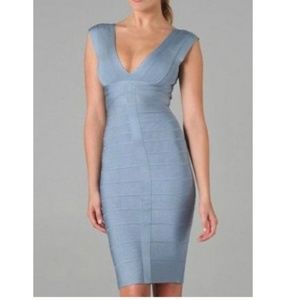 Herve Leger V-Neck Wide Strap Bandage Dress Blue